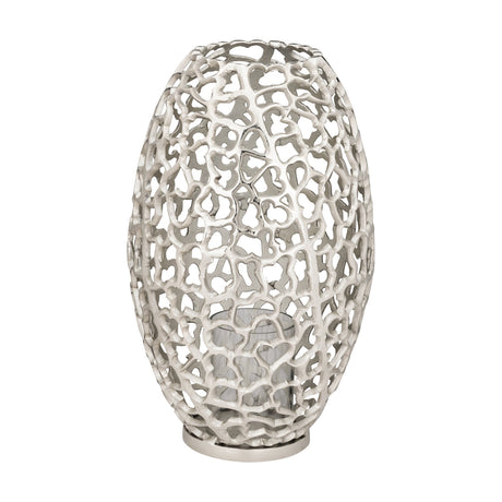 Kimitsu Ornament 34.5cm candle holder in nickel finish, tall oval openwork aluminium lattice with coral-like pattern and inner glass holder, on a plain white background.