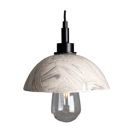 Kingii ceramic pendant light with a rounded marbled dome shade in white and grey, matt black fittings and cable, exposed bulb, on a plain white background.