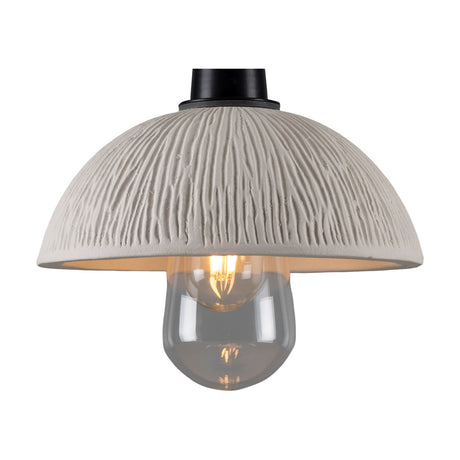 Kingii ceramic pendant light with a Matt White Striped dome shade, fine vertical texture, matt black cylindrical lampholder, and exposed bulb, shown on a white background.