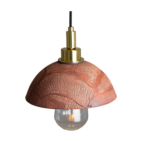 Kingii ceramic pendant light with a dome-shaped Red Iron glazed shade, crackled clay-like texture, brass lampholder cap, and visible E27 bulb on a white background.