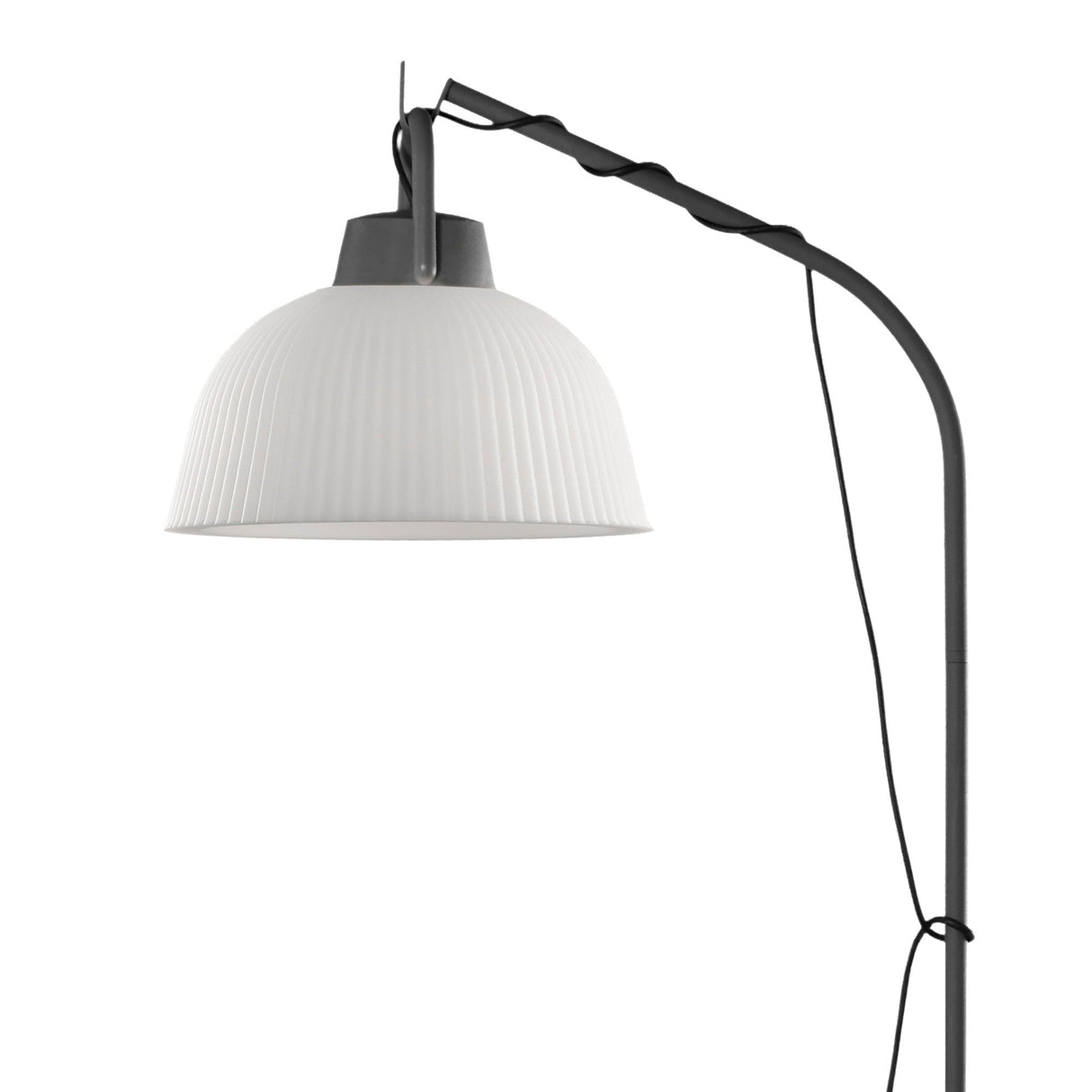 The Kinke Floor Lamp With Hook - Anthracite features a ribbed white dome shade, black curved stand, and visible cord, bringing contemporary style to any space.