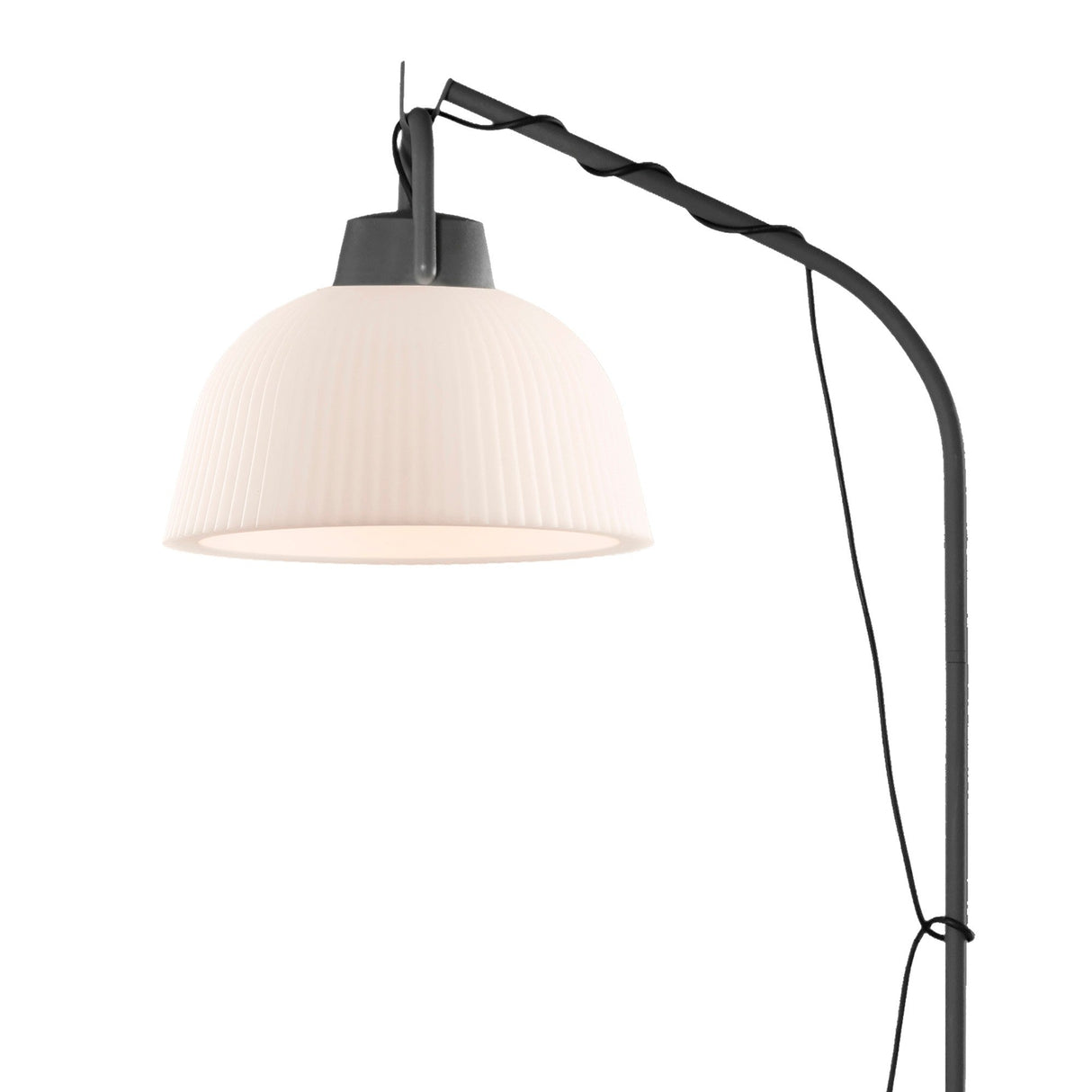 The Kinke Floor Lamp With Hook - Anthracite features a modern curved black stand and a large white ribbed dome-shaped shade, illuminated against a white background.