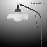 The Kinke Floor Lamp With Hook - Anthracite features a curved black stand and a wide, white frosted shade. The illuminated anthracite lamp is pictured with "Show With M6215" in the top right corner.