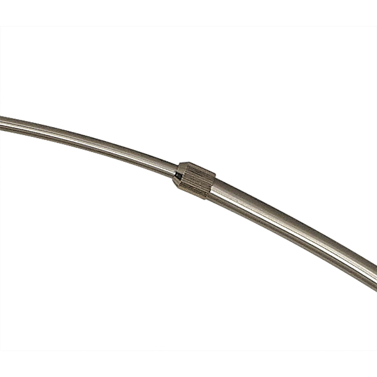 A close-up of the Kinke Floor Lamp With Hook - Black shows its flexible metal tube and central knurled connector, set against a plain white background.