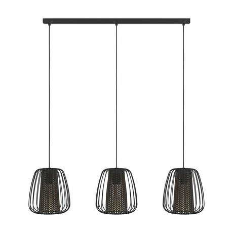 Kirelle three-light linear pendant with black steel ceiling bar and matching cords, each shade formed by an open black wire cage around a chevron-cut cylinder, shown on a plain white background.