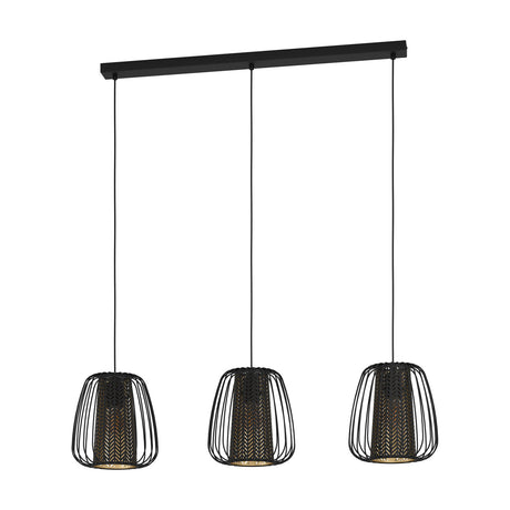 Kirelle three-light linear pendant with black steel ceiling bar and three cage-style shades in black wire with gold-toned chevron inner cylinders, shown on a plain white background.
