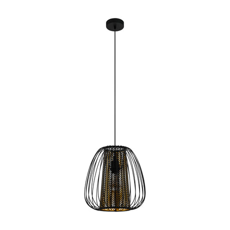 Black Kirelle fabric pendant light with curved steel wire cage over a black and gold chevron shade, black cord, and round ceiling rose.
