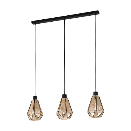 Kirenne three-light linear pendant with black steel ceiling bar and slim cords suspending geometric cage shades wrapped in natural fabric, shown on a plain white background.