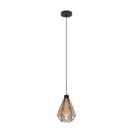 Kirenne fabric pendant light with a faceted diamond-shaped shade in natural string over a black steel frame, black ceiling cap and cord, shown on a plain white background.
