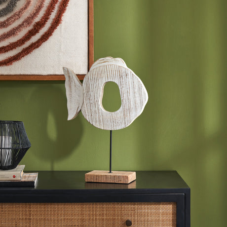 Kirguli Mango Wood Fish Ornament with whitewashed finish and open centre, mounted on a black rod and rectangular wood base atop a cabinet.