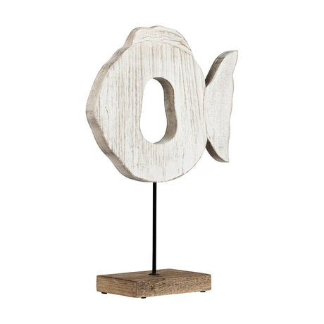 Kirguli mango wood fish ornament with whitewashed finish, rounded body, open centre and shaped tail fin, mounted on a black rod and rectangular wood base, plain white background.