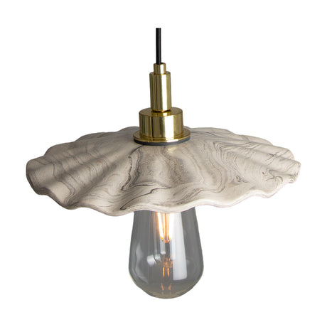 Kirhii ceramic pendant light with a wavy, scallop-edged shade in pale grey marbled glaze, brass fitting, black cable, and exposed E27 bulb on a plain white background.