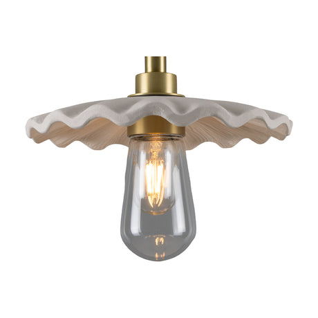 Kirhii ceramic pendant light with a wide, wavy-rimmed Matt White Striped shade, brass fittings, and an exposed bulb, shown on a plain white background.