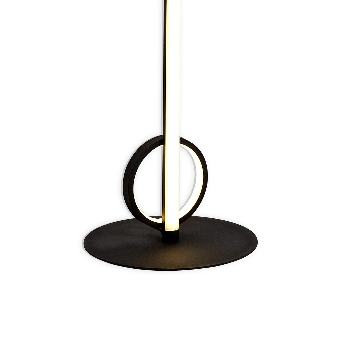 The Kitesurf LED Floor Lamp 24W 3000K in black features a modern design with a circular black base, vertical glowing light tube, and a black ring at the base, displayed against a white background.