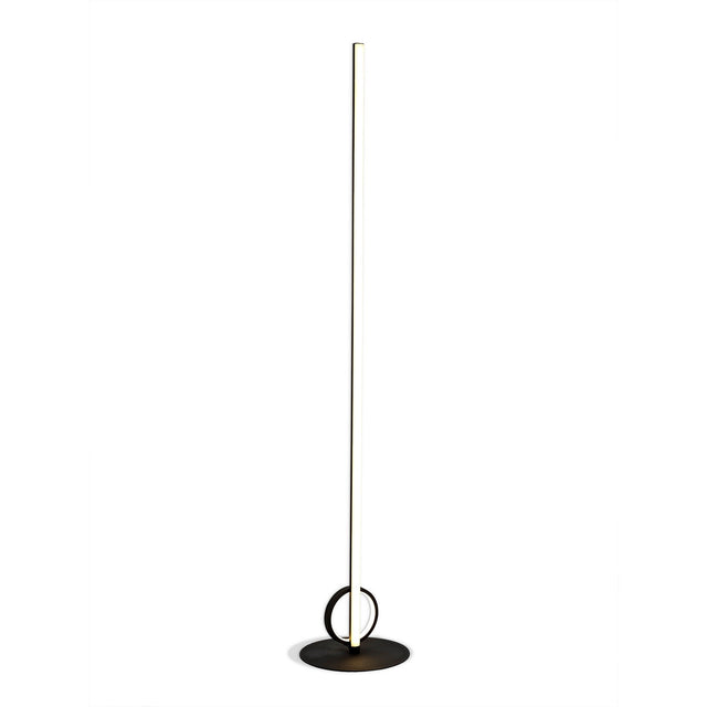 The Kitesurf LED Floor Lamp 24W 3000K in black features a slim, vertical design with a straight LED rod, round base, and circular accent. This minimalist modern lamp is shown against a white background.