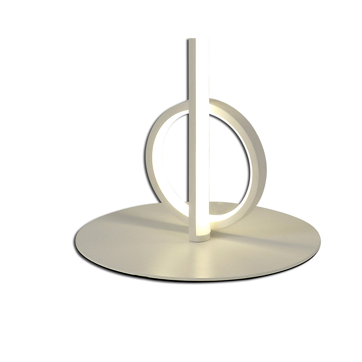 The Kitesurf LED Floor Lamp 24W 3000K in white features a circular base, a vertical light bar, and an intersecting glowing ring to provide ambient lighting, all showcased against a white background.