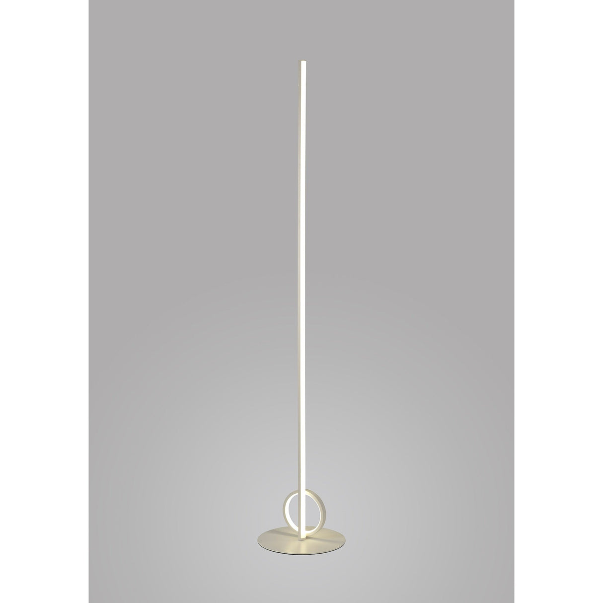 The Kitesurf LED Floor Lamp 24W 3000K in white features a slim vertical pole and circular ring base, offering minimalist style and ambient lighting, shown against a plain gray background.