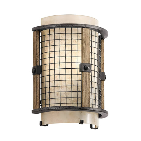 The Ahrendale 1 Light Wall Light - Grey showcases a Vetro Mica shade enclosed in a cylindrical textured glass. Framed with an Anvil Iron mesh and complemented by wood accents, it emits a gentle glow to enhance any space.