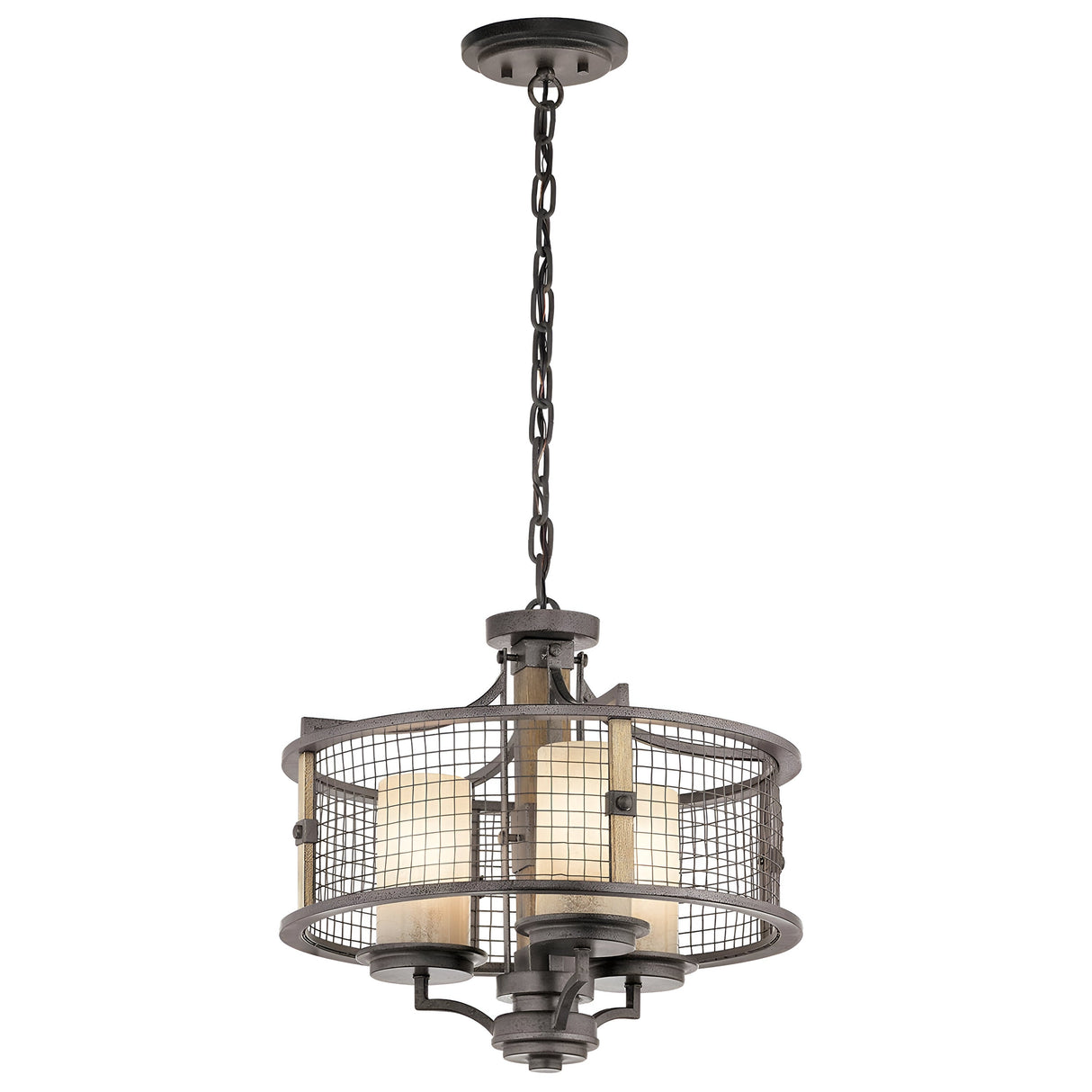 The Ahrendale 3 Light Duo-Mount Chandelier - Grey epitomizes rustic elegance with its metal pendant light fixture. It features a cylindrical cage-like structure with a grid exterior, enclosing three candle-shaped lights, and hangs from a chain that exudes an industrial, vintage charm.