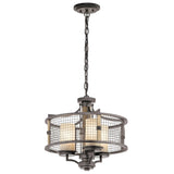 The Ahrendale 3 Light Duo-Mount Chandelier - Grey epitomizes rustic elegance with its metal pendant light fixture. It features a cylindrical cage-like structure with a grid exterior, enclosing three candle-shaped lights, and hangs from a chain that exudes an industrial, vintage charm.