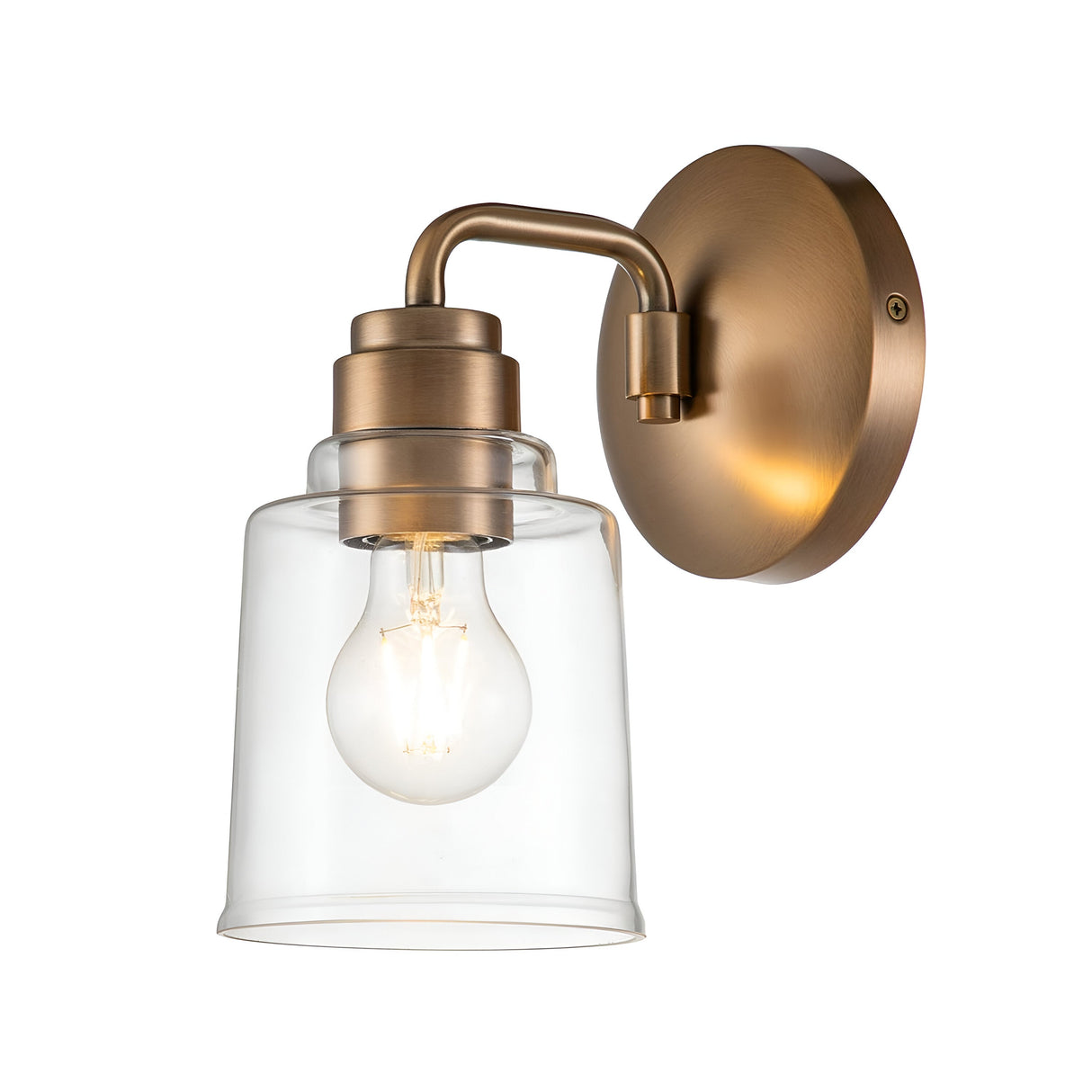 The Aivian 1 Light Wall Light - Weathered Brass is a wall-mounted sconce featuring a weathered brass finish and a clear glass shade. It combines industrial style with modern and vintage elements, casting a warm glow when illuminated.