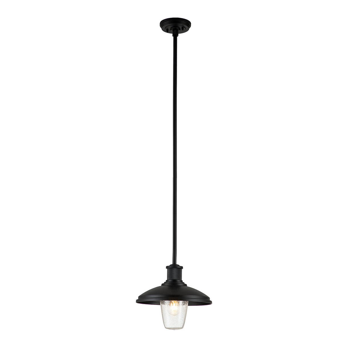 The Allenbury Outdoor 1 Light Pendant - Black features a sleek black rod and a wide metal shade finished in Textured Black. Complemented by a textured glass bulb cover, this weather-resistant light is the perfect mix of style and durability for any setting.