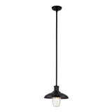 The Allenbury Outdoor 1 Light Pendant - Black features a sleek black rod and a wide metal shade finished in Textured Black. Complemented by a textured glass bulb cover, this weather-resistant light is the perfect mix of style and durability for any setting.