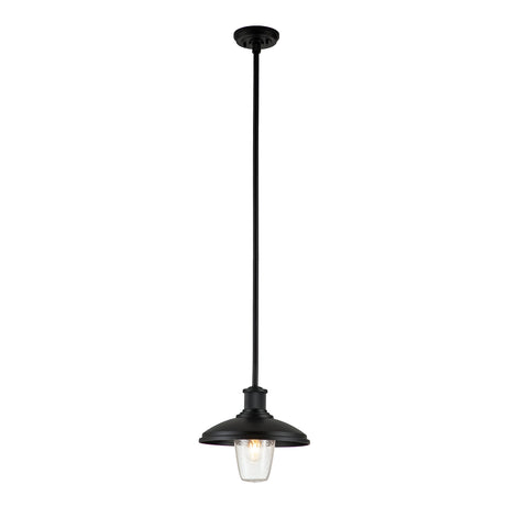 The Allenbury Outdoor 1 Light Pendant - Black features a sleek black rod and a wide metal shade finished in Textured Black. Complemented by a textured glass bulb cover, this weather-resistant light is the perfect mix of style and durability for any setting.