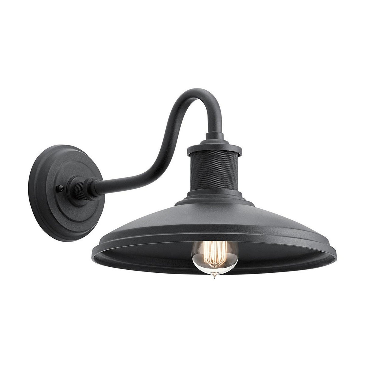 Introducing the Allenbury Outdoor 1 Light Medium Wall Lantern in Black: a vintage-style, wall-mounted industrial light fixture featuring an exposed bulb and a curving arm. This IP44-rated piece offers weather-resistant lighting against a white background.