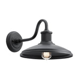Introducing the Allenbury Outdoor 1 Light Medium Wall Lantern in Black: a vintage-style, wall-mounted industrial light fixture featuring an exposed bulb and a curving arm. This IP44-rated piece offers weather-resistant lighting against a white background.