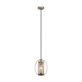 Explore the Asher 1 Light Mini Pendant in Silver, a modern design masterpiece boasting a clear glass shade with an industrial-inspired mesh cylinder interior. This chic fixture elegantly suspends from a black cable connected to a sleek metallic ceiling mount, bringing contemporary flair to any space.