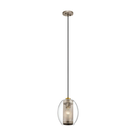 Explore the Asher 1 Light Mini Pendant in Silver, a modern design masterpiece boasting a clear glass shade with an industrial-inspired mesh cylinder interior. This chic fixture elegantly suspends from a black cable connected to a sleek metallic ceiling mount, bringing contemporary flair to any space.