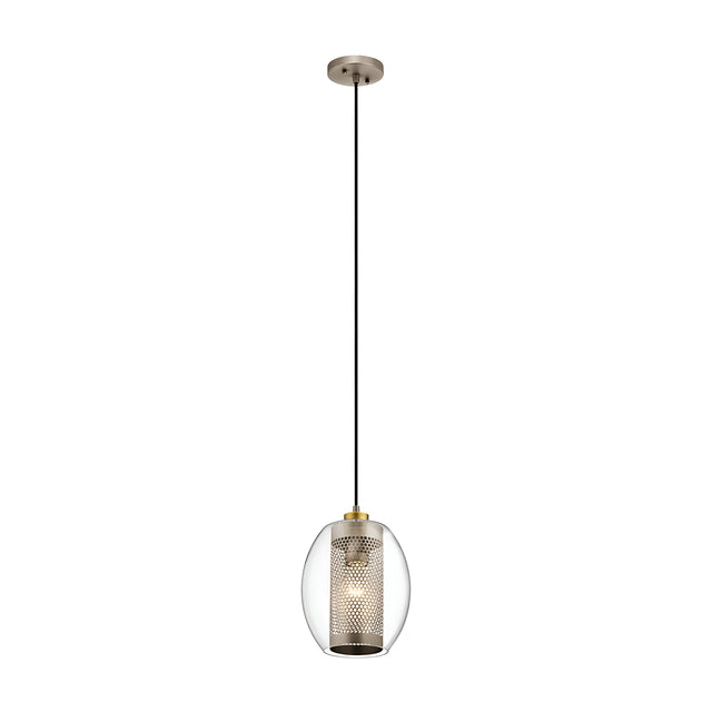 Explore the Asher 1 Light Mini Pendant in Silver, a modern design masterpiece boasting a clear glass shade with an industrial-inspired mesh cylinder interior. This chic fixture elegantly suspends from a black cable connected to a sleek metallic ceiling mount, bringing contemporary flair to any space.