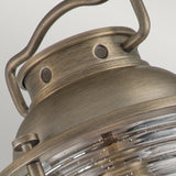 Close-up of the Ashland Bay Outdoor 1 Light Large Wall Lantern in Burnished Bronze, showcasing a vintage-style metal design with a textured glass cover. This lantern, fitted with an LED Edison-style bulb, features a handle and rivet details on its top section, set against a plain, neutral background.