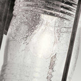 The detailed view of the Ashland Bay Outdoor 1 Light Medium Wall Lantern in Weathered Zinc showcases its stunning seeded glass, adorned with gentle textures and bubbles that accentuate the luminous bulb within. The weathered zinc frame provides a rustic contrast to the sleek, reflective glass surface.