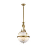 Discover the Aster 3 Light Pendant - Brass, a vintage-style fixture that features ribbed glass domes and an elegant brass finish. It hangs gracefully from an ornate rod connected to a circular ceiling mount, bringing timeless sophistication to any room.