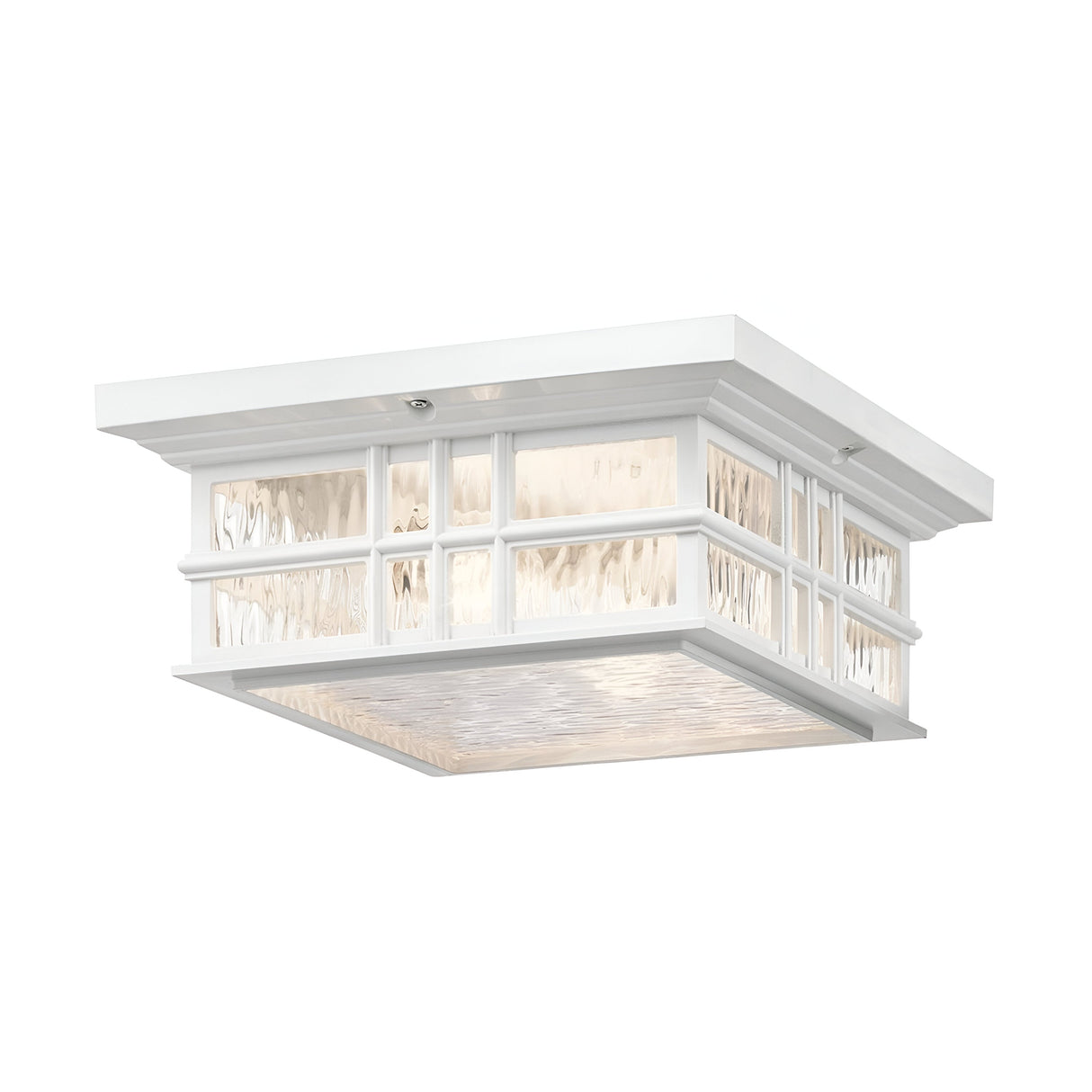 The Beacon Outdoor 2 Light Flush - White is a square ceiling light fixture with a decorative grid design and frosted glass panels, offering a soft glow and featuring a durable finish for lasting beauty.