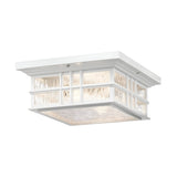 The Beacon Outdoor 2 Light Flush - White is a square ceiling light fixture with a decorative grid design and frosted glass panels, offering a soft glow and featuring a durable finish for lasting beauty.