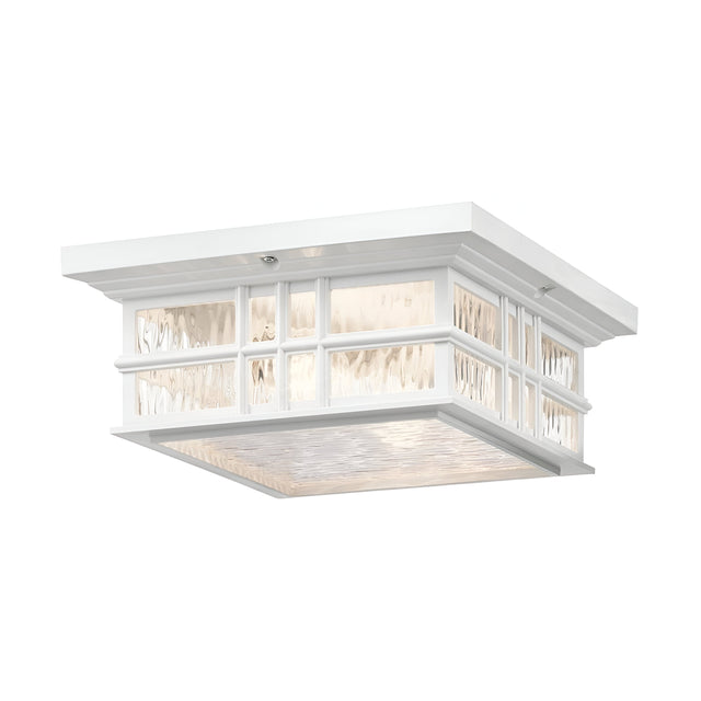 The Beacon Outdoor 2 Light Flush - White is a square ceiling light fixture with a decorative grid design and frosted glass panels, offering a soft glow and featuring a durable finish for lasting beauty.