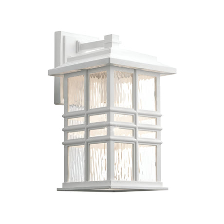 Introducing the Beacon Square Outdoor 1 Light Medium Wall Lantern in White, a modern take on outdoor lighting with clear glass panels featuring a subtle textured pattern. Its clean and contemporary design integrates craftsman elements, making it perfect for exterior illumination.