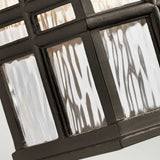 Close-up of the Beacon Square Outdoor 1 Light Small Wall Lantern in bronze, showcasing textured glass panels set in a dark metal frame. The wavy glass pattern enhances the grid design, making it ideal for elegant outdoor lighting.
