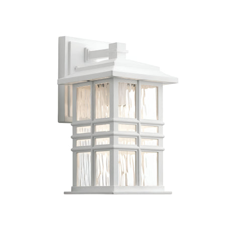 Beacon Square Outdoor 1 Light Small Wall Lantern - White features a rectangular frame with glass panels showcasing a textured design. This craftsman-inspired light fixture offers a modern, clean style, complete with a protective cover on top and mounted on a matching white base.