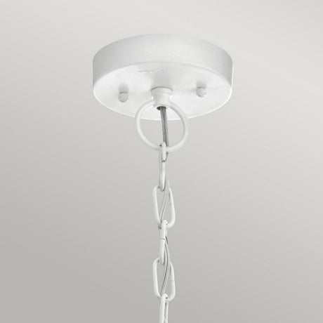The Beacon Square Outdoor 1 Light Chain Lantern in white features a ceiling-mounted canopy and metal chain, creating a vertical design that evokes the charm of coastal exterior lighting. The chain is securely attached to the canopy with a hook, allowing its sleek and modern aesthetic to stand out beautifully against the plain light gray background.