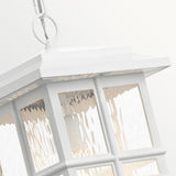 Close-up of the Beacon Square Outdoor 1 Light Chain Lantern in white, featuring textured glass panels and suspended by a metal chain. The lantern showcases a classic, rectangular Craftsman-inspired design set against a plain, light background.