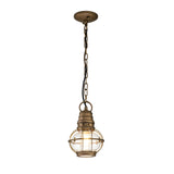 The Bridgepoint Outdoor 1 Light Small Chain Lantern in natural brass features a vintage design with a spherical seeded glass shade enclosed in a metal cage, hanging from a chain and circular ceiling mount.