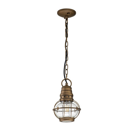The Bridgepoint Outdoor 1 Light Small Chain Lantern in Natural Brass showcases a nautical design with a clear seeded glass shade and metal cage. Suspended by a chain-linked rod, it embodies a vintage aesthetic reminiscent of an outdoor lantern.
