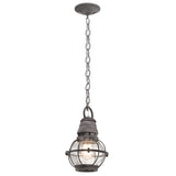 Introducing the Bridge Point Outdoor 1 Light Small Chain Light, featuring an industrial-style pendant design with a metal cage enclosing a clear glass bulb for nautical charm. This fixture hangs elegantly from a circular ceiling mount via a chain and displays a rustic, weathered zinc finish.