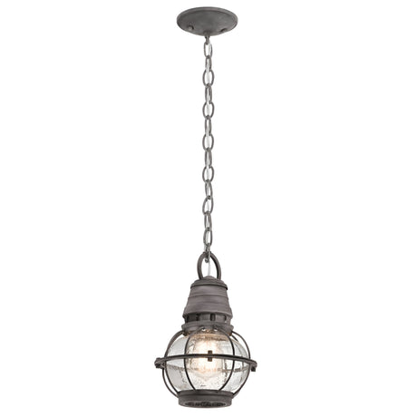 Introducing the Bridge Point Outdoor 1 Light Small Chain Light, featuring an industrial-style pendant design with a metal cage enclosing a clear glass bulb for nautical charm. This fixture hangs elegantly from a circular ceiling mount via a chain and displays a rustic, weathered zinc finish.