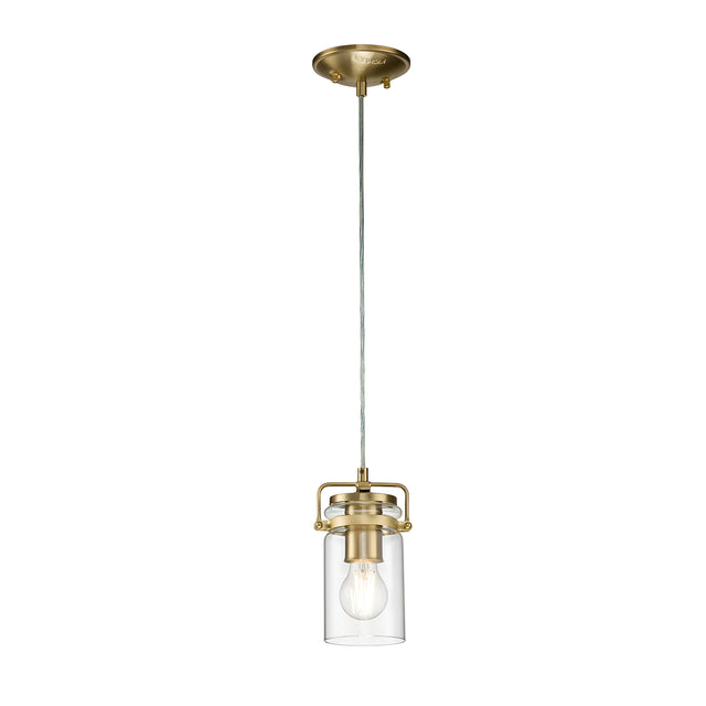 The Brinley 1 Light Mini Pendant in brushed brass showcases a vintage style with its clear glass shade and exposed bulb, elegantly suspended from a braided cord connected to a ceiling mount.