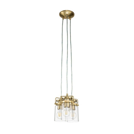 The Brinley 3 Light Pendant - Brushed Brass showcases a contemporary style with three clear glass shades hanging from braided cords connected to a brushed brass canopy, each housing a visible bulb to accentuate its industrial charm.
